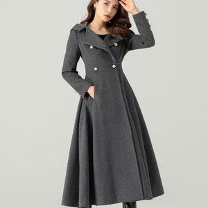 Long Wool Coat, Hooded Wool Coat, Winter Wool Coat, Womens Coat, Long Dress Coat, Double Breasted Coat, Custom Coat, Ylistyle C3704 C1-gray