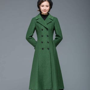 Cappotto di lana, cappotto lungo di lana, cappotto invernale da donna, cappotto da donna, cappotto di lana da donna, cappotto classico, cappotto verde, cappotto doppiopetto, Ylistyle C1171