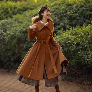 Cappotto di lana, cappotto da principessa marrone, cappotto da donna, giacca lunga per l'inverno, cappotto invernale di lana, cappotto lungo in lana con cintura, cappotto personalizzato, Ylistyle C3190