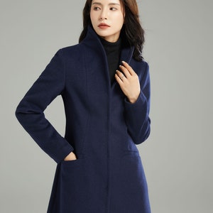 Women's Stand-collar Coat Dark Blue Wool Short Jacket, Warm Women's Stand-collar Coat Dark Blue Wool Short Jacket, Warm