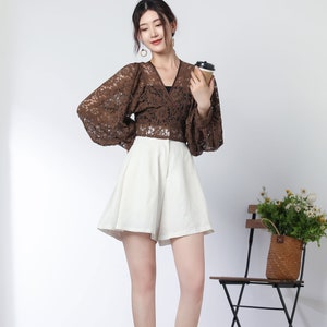 brown lace top, short tops, boho top, long sleeves lace blouse, summer romantic top for women, v neck crop tops, lace clothing c3327 image 3