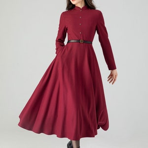 Burgundy Wool Dress, Fit and Flare Dress, Button Front Dress, Dress with pockets, Womens Dress, Autumn Dresses, Handmade Dress C3610