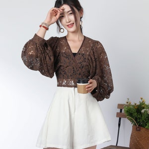 brown lace top, short tops, boho top, long sleeves lace blouse, summer romantic top for women, v neck crop tops, lace clothing c3327 image 2