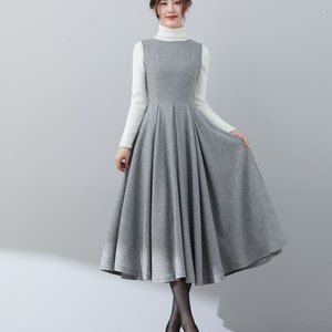 Gray Midi Wool Dress, Pleated Wool Dress, Sleeveless Wool Dress, Womens Wool Dress With Pockets, Wedding guest dress, Handmade Dress C3027