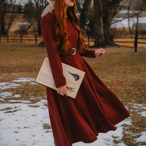 Wool Dress, Burgundy midi wool Dress, Swing Dress, Dress with pockets, Wool Dress Women, Classic Dress, Winter Autumn Dress, Ylistyle C3810