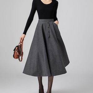A Line Midi Skirt, Wool Skirt Women, Gray Wool Skirt, High Waisted Wool Skirt, Winter Wool Skirt With Pockets, Casual Skirt, Ylistyle C3583