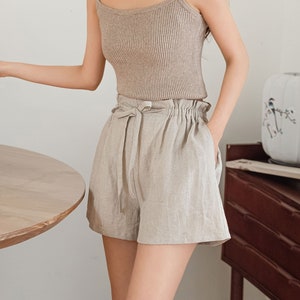 Linen Shorts Side Elastic Waistband With Spaghetti Drawstring, Womens Summer Shorts, Casual Shorts, Handmade Shorts C3185 image 1