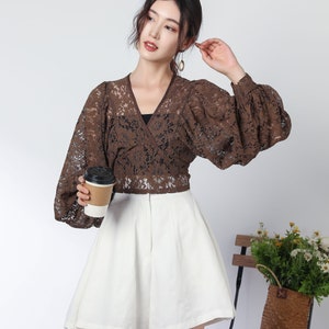 brown lace top, short tops, boho top, long sleeves lace blouse, summer romantic top for women, v neck crop tops, lace clothing c3327#