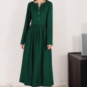 Linen Maxi Dress for Women, Vintage-Inspired Long Sleeve Dress with Pleats & Buttons, Spring linen Dress, Swing linen dress, ylistyle C4722