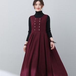 Burgundy Wool Dress, Pleated Wool Midi Dress, Womens Wool Shirt dress, Button Up Wool Dress, Sleeveless Dress, Plus size Dress C3024