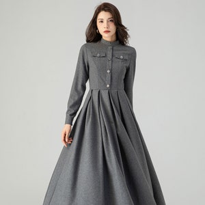 Gray Wool Dress, Pleated Dress, Swing Dress, Dress with pockets, Wool Dress Women, Autumn Dresses, Plus Size Dress, Ylistyle C3611