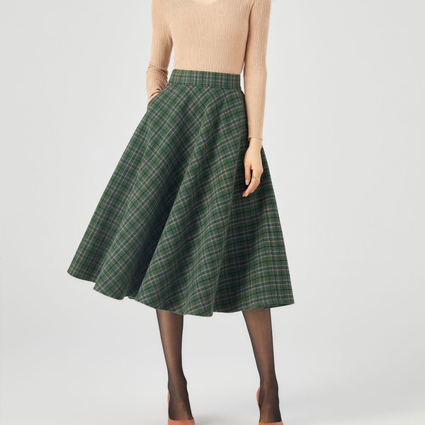 Plaid Wool Skirt, Midi Wool Skirt, A line Skirt, Winter Skirt Women, Swing Skirt, Skirt with Pockets, Handmade skirt, Ylistyle C3686