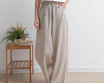Buy Wide Leg Linen Pants, Linen Pants, Long Palazzo Pants, Elastic - Main Image