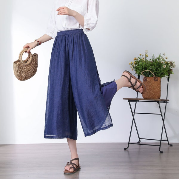 Navy wide legs pants, elastic waist pant, loose fit pants, summer pant for women, midi casual pants, summer trousers, handmade pants  C3330