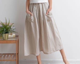 Linen Midi Skirt, Plus size Linen Skirt, Summer Women's Linen skirt, High waist Skirt With Pockets, Casual Linen Skirt, Ylistyle C2928