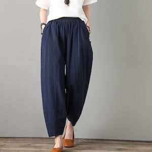 Women Casual Elastic Waist linen Pants, Soft Casual Loose Large Size Boho Trousers Wide Leg Pant Customized Plus Size Linen Pants C1806