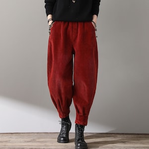 Red corduroy pants, Casual pants, Long pants, Vintage winter women&#39;s high waist pants, harem pants, Plus size pants, custom made pants C1811