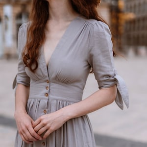 Linen Dress, Deep V neck Linen party Dress, Linen midi dress, button front dress, Womens Linen dress, Customized Linen dress, Ylistyle C2914 imagem 2