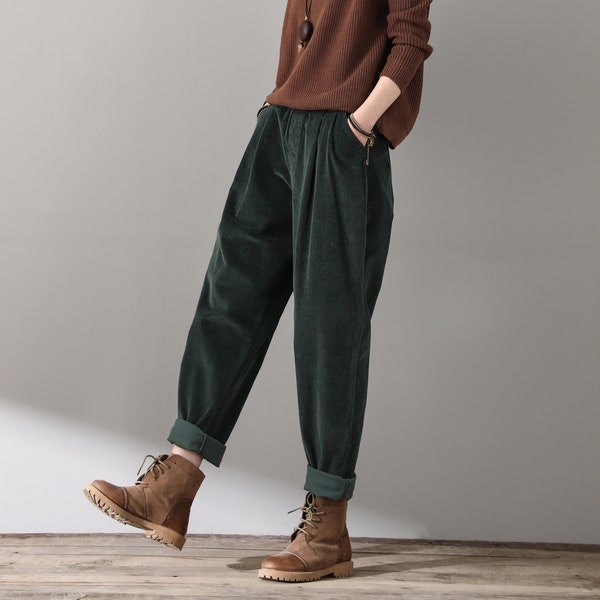 Casual Corduroy Harem Pants, Women's Tapered Pants, Elastic Waist Corduroy Pants, Womens oversized trousers, women's baggy pants C1814