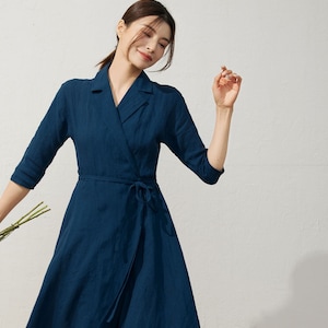 Linen Shirt Dress, Navy blue Wrap dress, Womens Linen midi dress, Half Sleeve linen dress, Belted dress, Spring Summer dress, ylistyle C3923