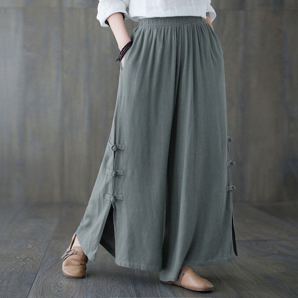 Women Wide Leg Crop Linen Pants,  Soft Casual Linen pants, Elastic Waist Linen Trousers, Long Plus Size Baggy pants, Customized Pants C1816