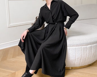 Black Midi Shirt Dress, Long Sleeve Shirt Dress, Loose