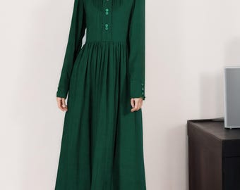 Linnen maxi-jurk voor dames, vintage geïnspireerde jurk met lange mouwen met plooien en knopen, linnen lentejurk, linnen swingjurk, ylistyle C4722