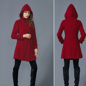 Hooded wool jacket coat, women's red coat for winter, single breasted wool coat, pockets coat, handmade wool Blend Pea coat C1601