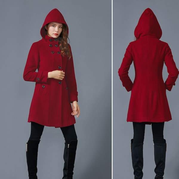 Hooded wool jacket coat, women's red coat for winter, single breasted wool coat, pockets coat, handmade wool Blend Pea coat C1601