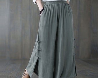 Women Wide Leg Crop Linen Pants,  Soft Casual Linen pants, Elastic Waist Linen Trousers, Long Plus Size Baggy pants, Customized Pants C1816