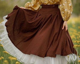 Linen Skirt Linen Midi Skirt Brown Pleated Linen Skirt High