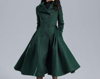 Wollmantel, Grüner Langer Wollmantel Frauen, Prinzessin Mantel, Swing Mantel, Winter Trenchcoat, Fit und Flare Mantel, Zweireihiger Wollmantel C2469 #