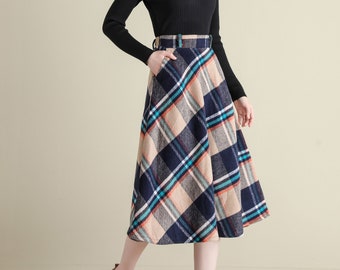 Vintage 50s Wool Plaid Skirt Women, Tartan Midi Skirt, Flared Skirt, High Waist A Line Skirt, Plus Size Skirt, Winter Autumn Skirt C2524