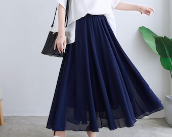 Summer Flowy Bohemian Circle Swing Maxi Skirt, Women's High Waist Pleated Chiffon Skirt, Floor/Ankle Length Skirt, Elastic Long Skirt C2291