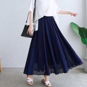 Summer Flowy Bohemian Circle Swing Maxi Skirt, Women&#39;s High Waist Pleated Chiffon Skirt, Floor/Ankle Length Skirt, Elastic Long Skirt C2291