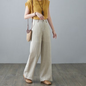 High Waist Linen pants for Women, Wide Leg Pants, Long Linen pants, Back Elastic Long Linen Trousers, Customized Summer Fall Pants C2134