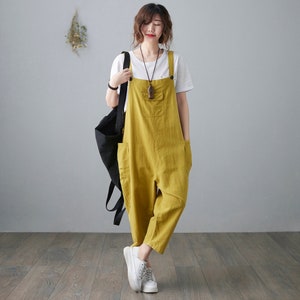 Linen jumpsuit women, Casual Linen Overalls, Loose fit Linen Harem Jumpsuits, Yellow Linen jumpsuit, women Linen Romper, Ylistyle C2100 image 2