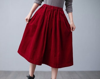 スカート LENINA MEROY corduroy mid skirt_2colors Red Pleated Midi Corduroy Skirt, Long Winter Skirt, Elastic
