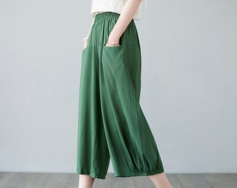 Pantalones gauchos para mujer/Pantalones gaucho en verde/ Pantalón casual pantalones de pierna ancha recortados/Culottes de pierna ancha para mujer talla grande C2287