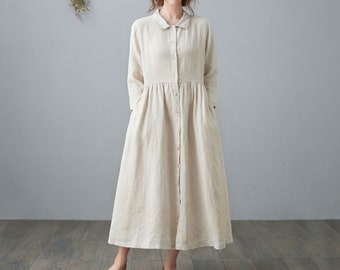 Women's Midi Linen Shirt Dress, Belted Long Linen Dress, Casual 3/4 Sleeve Dress, Linen Button Down Dress, Romantic Linen Dress Pocket C2105