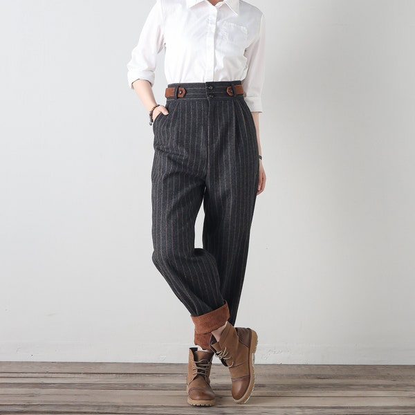 Gestreepte wollen broek, damesbroek, broek met wijde pijpen, broek met hoge taille, losse broek, herfstbroek, broek voor vrouwen, aangepaste broek, Ylistyle C4340