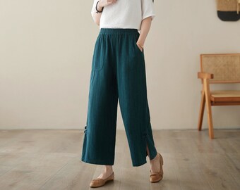 Linen Pants, Casual linen long pants, Wide Leg Elastic Waist pants, Loose fit pants with pockets, Spring green pants women, Ylistyle C3958