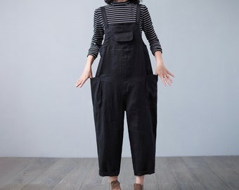 Black Linen Overalls Women, Plus Size Overalls, Linen Jumpsuits Women, Causal Rompers, Linen Cropped Harem Overalls, Maternity Pants C2503