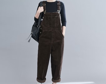 Retro Brown Corduroy Overalls, women’s Plus Size Overalls, oversized Corduroy Jumpsuit, loose jumpsuit, Handmade corduroy Overalls C1830