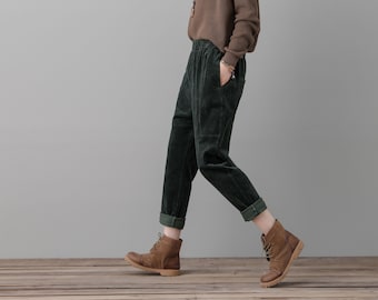 Green Corduroy Pants Women, High Waisted Pants, Loose Fit Corduroy Slacks,  Elastic Waist Pants with Pocket, Plus Size Pants Ylistyle C2555