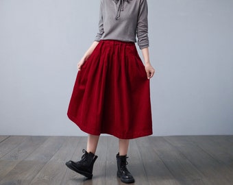 Red Pleated Midi Corduroy Skirt, Long Winter Skirt, Elastic Waist Corduroy Skirt, Fall Plus Size Skirt, Handmade A Line Skirt Ylistyle C2505