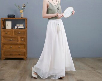 Summer White Chiffon Palazzo Pants for Women, Wide Leg Pants Skirts, swing pant, vacation pant, Loose Long Trouser, Plus Size Trousers C2196