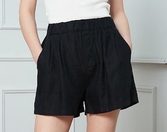 Black High waist Linen Shorts, Linen shorts, Elastic Waist Linen shorts, Linen Beach Shorts with pockets, Handmade shorts For Women C1395