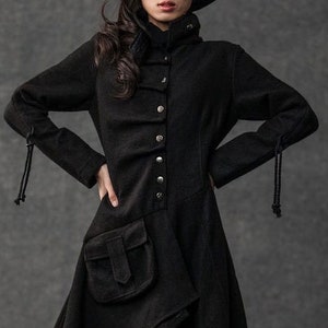 Asymmetrical Gothic Winter Coat Women, Black Wool Pixie Coat, Contemporary Unique Design Coat Large Pocket, Military Coat Ylistyle C795
