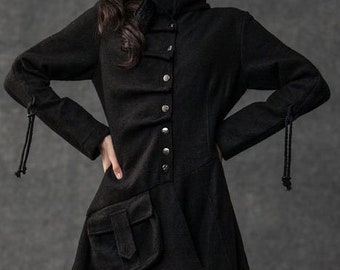 Asymmetrical Gothic Winter Coat Women, Black Wool Pixie Coat, Contemporary Unique Design Coat Large Pocket, Military Coat Ylistyle C795